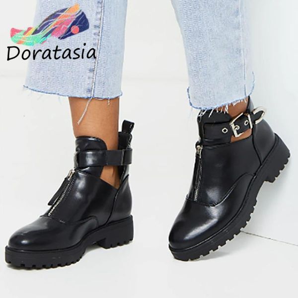 

doratasia women buckle zipper low heel shoes 2020 punk heel cool designer boots women fashion autumn boots, Black