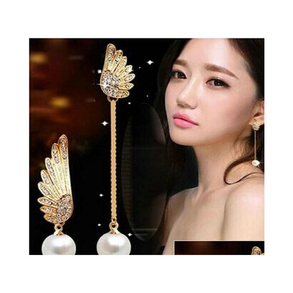 

angel wings asymmetrical pearl tassel dangle angel wings chandelier angel wings earring wholesale shipping rte9y, Silver