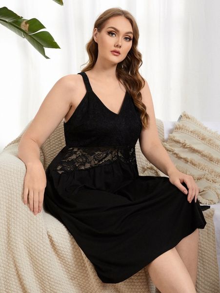 

plus contrast floral lace cami nightdress w3n6#, Black;white