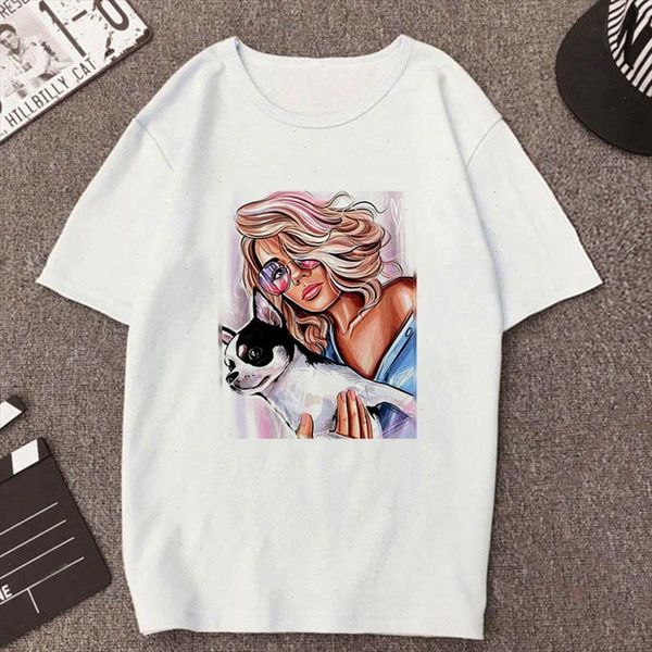 

beautiful fashionable woman hugging a dog new harajuku t shirt women punk aesthetics tshirt print casual streetwear t shirt, White