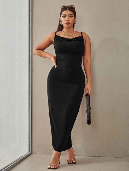 

plus draped front knot backless bodycon cami dress 64bl#, Black