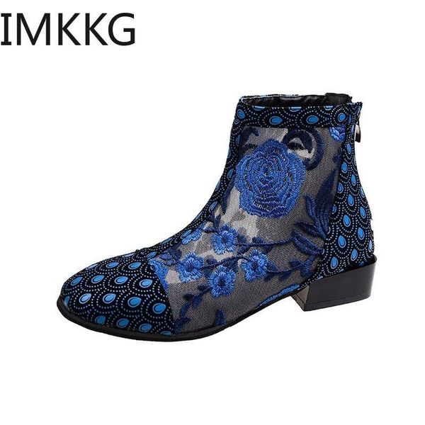 

2021 fashion summer white ankle boots for women embroidered shoe med high heels blue floral rubber outsoles boots with zipper, Black