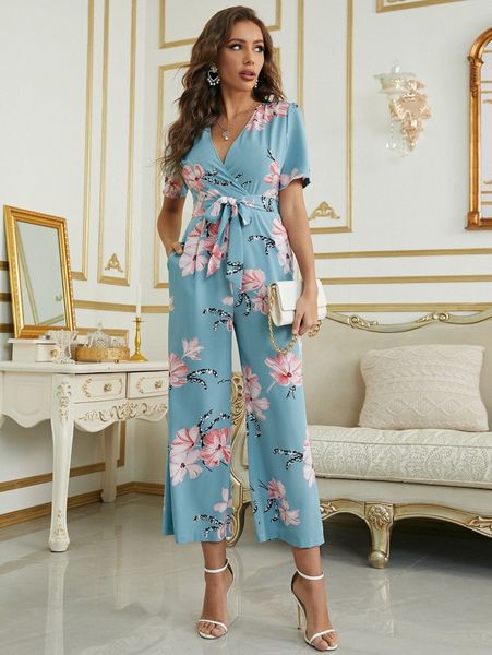 

surplice front floral belted jumpsuit o4xy#, White