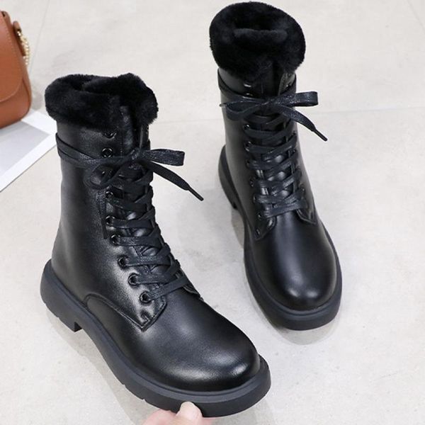 

fashion plus velvet snow boots woman shoes winter ankle sewing lace up motorcycle boots cool short-plush black shoes