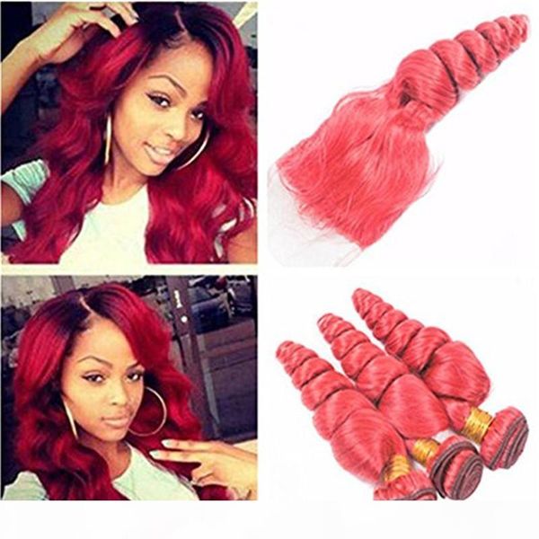 

colored red virgin brazilian loose wave human hair bundles deals with closure pure red human hair weaves with 4x4 lace closure, Black;brown