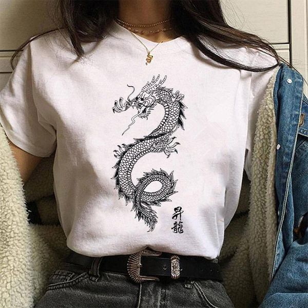 

women's t-shirt chinese dragon print graphic t-shirt hip hop streetwear women ulzzang harajuku kawaii summer t-shirt women, White