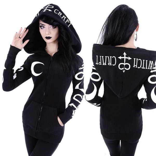 

women hoodies jacket halloween moon letter printed sweatshirt black cool zipper coat streetwear female clothes