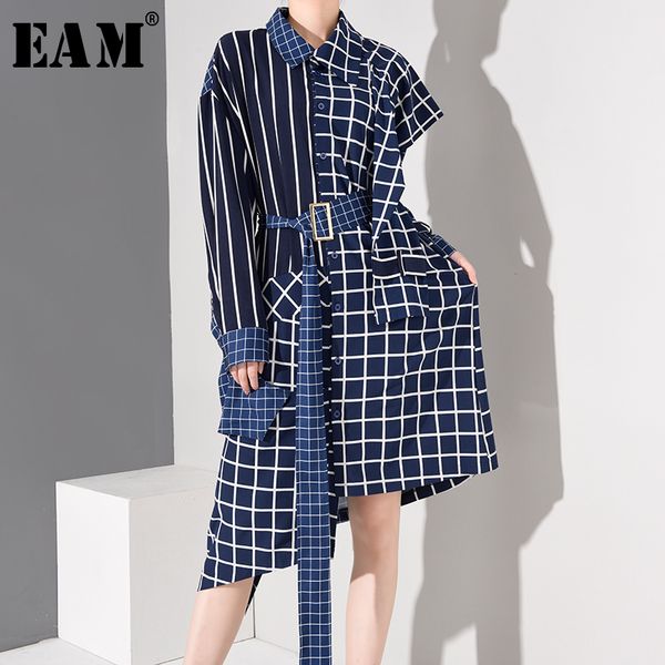 

[eam] women blue plaid irregular big size shirt dress new lapel long sleeve loose fit fashion tide spring autumn lj201202, Black;gray