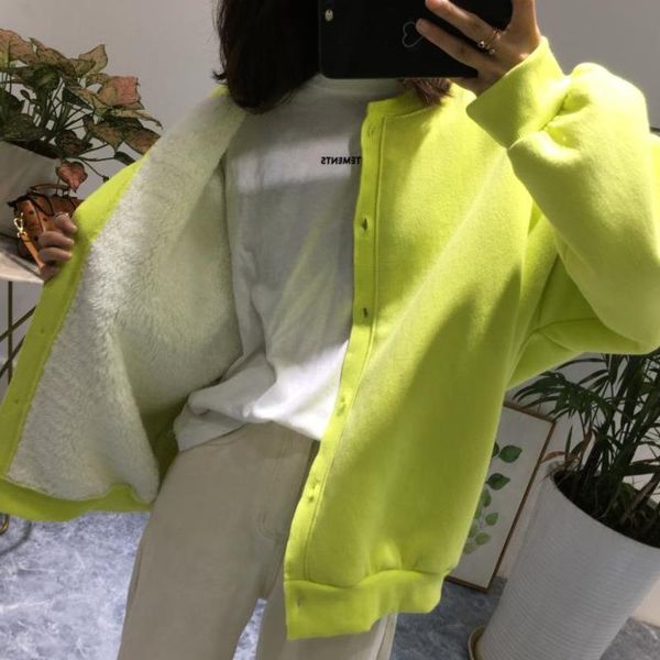 

ewq] autumn and winter female round neck with edge stitching single breasted loose cotton heavy woolen sweater coat 8d127, Black;brown