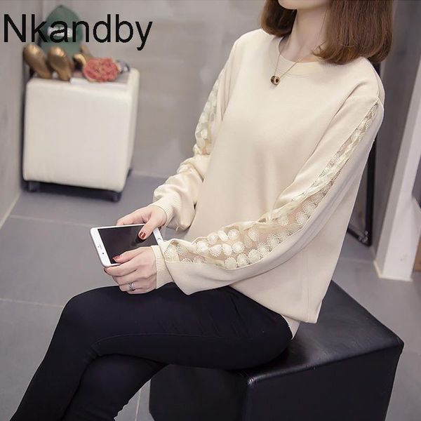 

plus size mesh patchwork knit sweaters women autumn chic loose embroidery office lady pullovers knitwear oversize jumpers kg-218, White;black