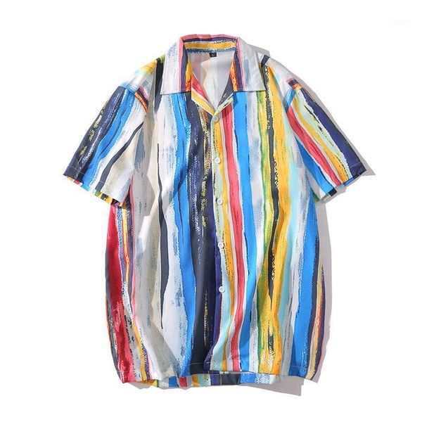 

2021 summer men's vintage hand painted striped shirt man hip hop streetwear hawaiian harajuku male short sleeve beach shirts1, White;black