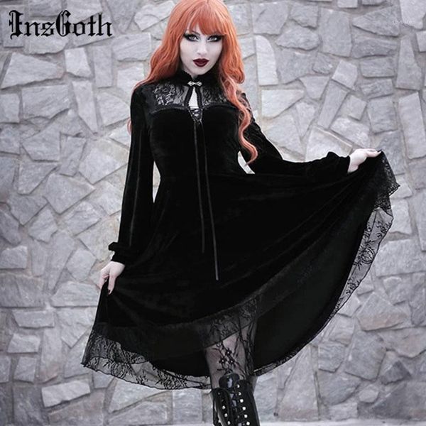 

insgoth vintage lace velvet black dress gothic hollow out high waist dress women autumn elegant party club bandage1, Black;gray