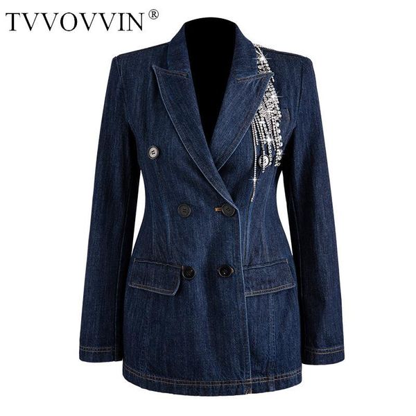 

tvvovvin women blazer diamond tassel patchwork denim women blazers jackets blue all match vintage suit coats 2020new autumn b261, White;black