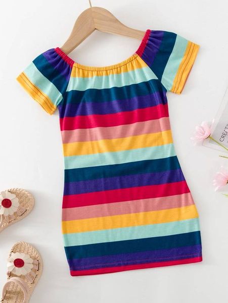 

toddler girls rainbow striped raglan sleeve dress she, Red;yellow