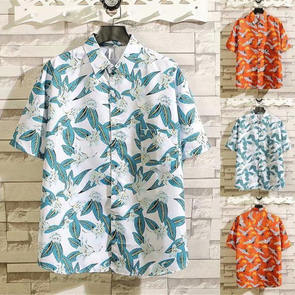 

men's fashion hawaiian short sleeve print shirt vacation casual lapel shirt short sleeve summer beach casual men new1, White;black