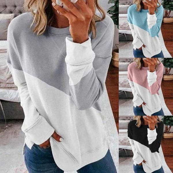 

women spring casual o neck long sleeve color block loose blouse plus size, White