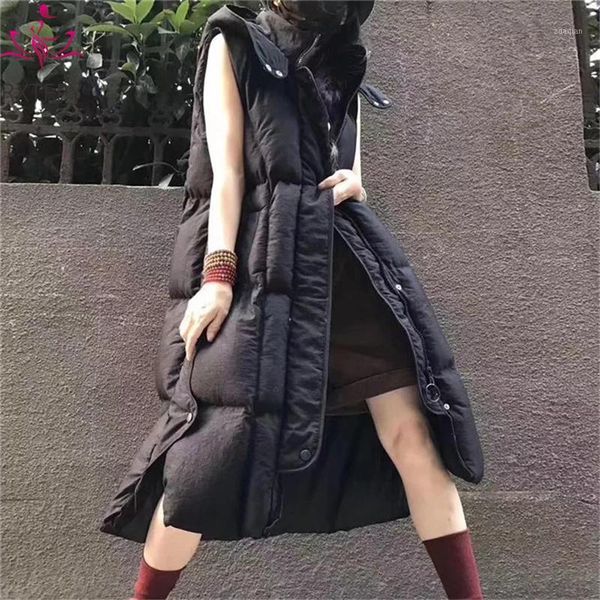 

women's vests plus size casual over knee loose long down cotton vest coat women autumn winter 2021 hooded female black red clothes1, Black;white