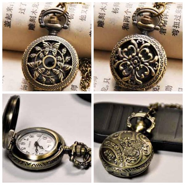

50pcs new small hollow series pocket watch quartz model 27x27mm necklace vintage jewelry fashion watch korean edition sweater chain gift, Slivery;golden