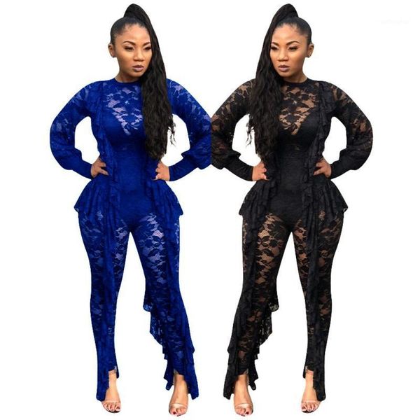 

dpsde 2020 new women club party style jumpsuits long sleeve round neck pure color lace jumpsuits long pants1, Black;white