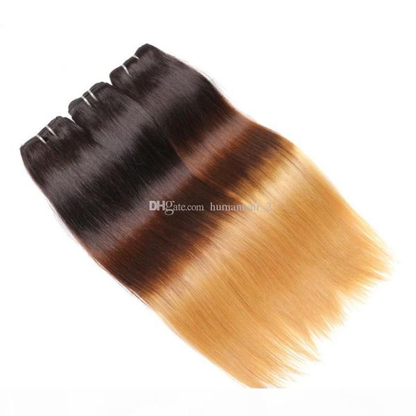 

ombre hair extensions brazilian silk straight virgin hair weave bundles three tone 1b 4 27# grade 8a ombre remy human hair weft 3pcs, Black;brown