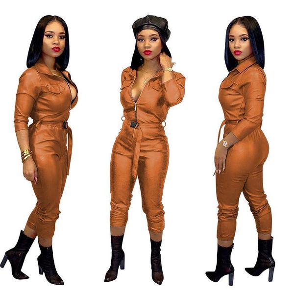 

spring long sleeve turn-down collar jumpsuit women high elastic pu leather jumpsuit belt casual tight jumpsuits, Black;white