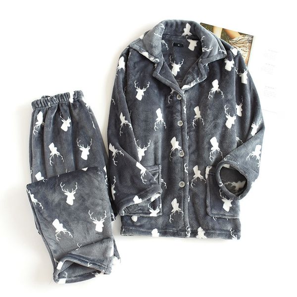 

christmas winter keep warm pajamas sets men thicken flannel long sleeve mens sleepwear casual pyjamas, Black;brown
