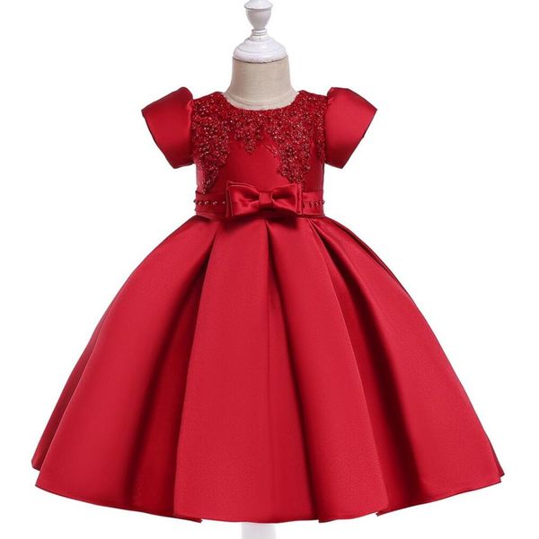 

2019 bow formal evening girl party dress kids dresses for girls clothes children pearl satin drill princess dress, Red;yellow