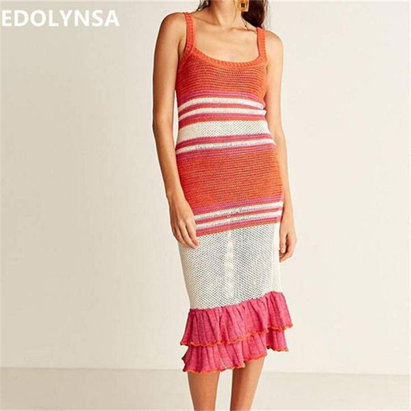 

2020 summer beach dress women crochet tunic striped strap sleeveless stretch sheath knitted pleated dress sarong plage n7481, Black;gray