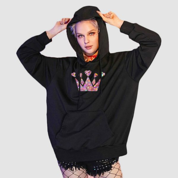 

diy sweatshirts womens trendy casual fashion loose pullovers crown print diy hoodies 2020 new arrival women casual hoodies, Black