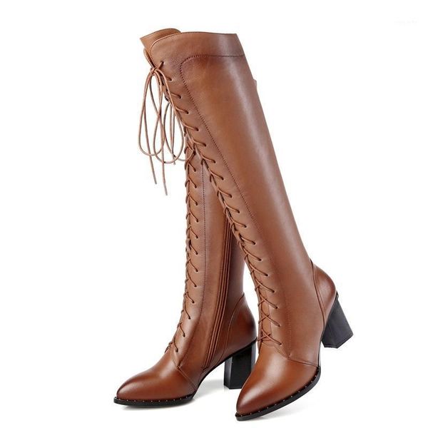 

2020 brand new cow leather pointed toe zip cross tied shoes woman casual party winter spring knee high boots big size 34-421, Black