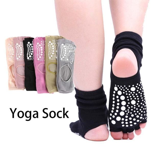 

sports socks women middle non-slip cotton massage sport yoga breathable pilates fitness workout gym half toe socks1, Black