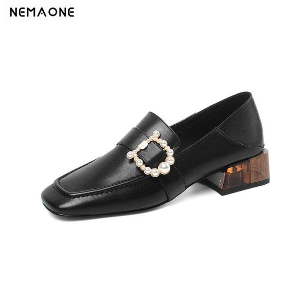 

2020 new genuine leather women pumps fashion brand design 3.5cm square heel women ladies retro square toe casual party pumps, Black