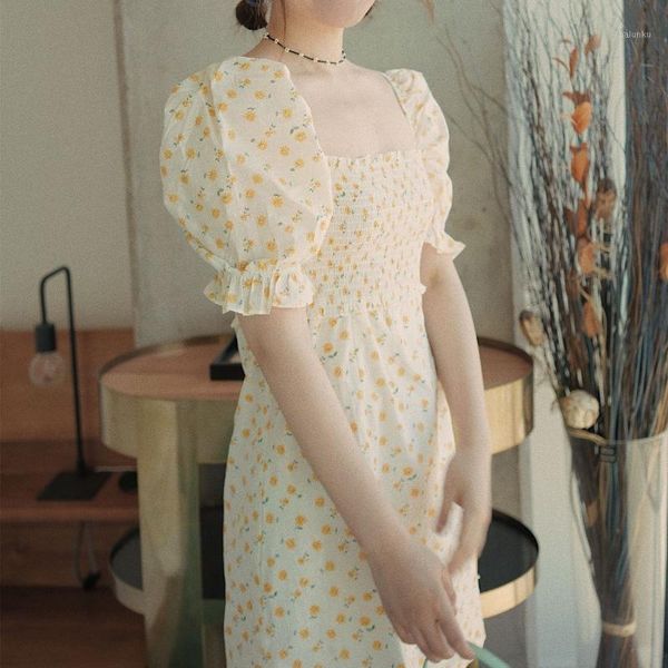 

party dresses daisy floral womens mini dress 2021 summer square collar retro puff sleeve high waist lady pleated short sundress1, White;black