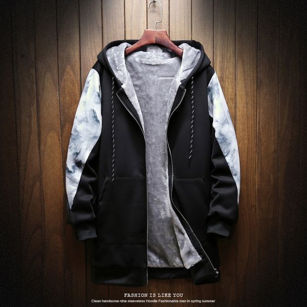 

new winter men's fashion splicing plush medium and long hooded youth warm windbreaker, Tan;black