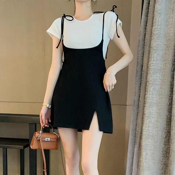 

casual daily white t-shirt black sling slit short 2-piece dresssling dress western style junior dress mravv, Gray