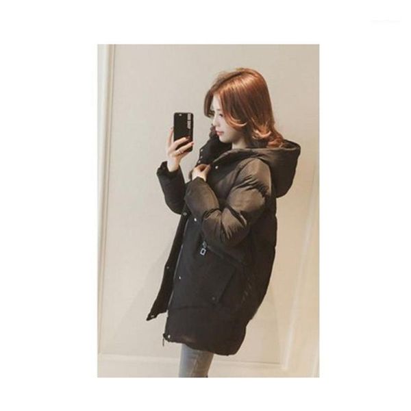 

mid-length cotton coat clothes net students sweet winter new hooded solid color zipper thick warm loose wild cotton coat d1551, Black