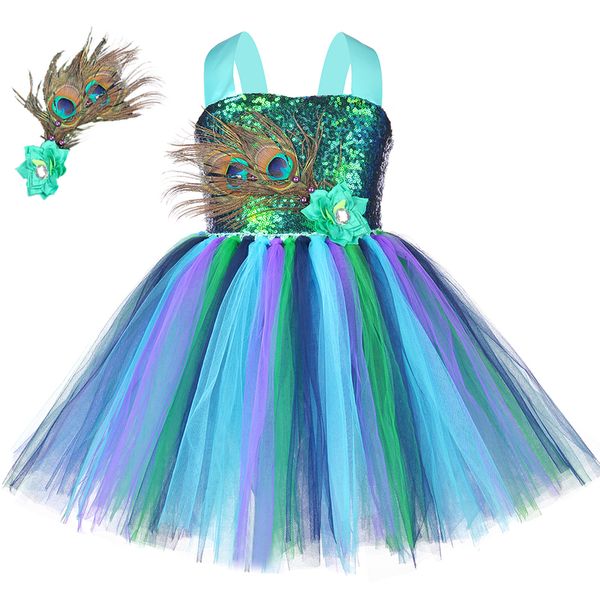 Blumenfedern Mädchen Pfau Tutu Kleid Kinder Tüll Prinzessin Pfau Kostüm für Mädchen Festzug Halloween Geburtstag Party Kleid 220309