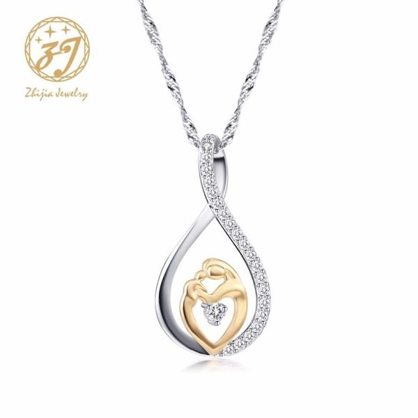 

chains zhijia mother baby charm pendant necklaces mom daughter son family love micro pave zircon copper necklace for birthday, Silver