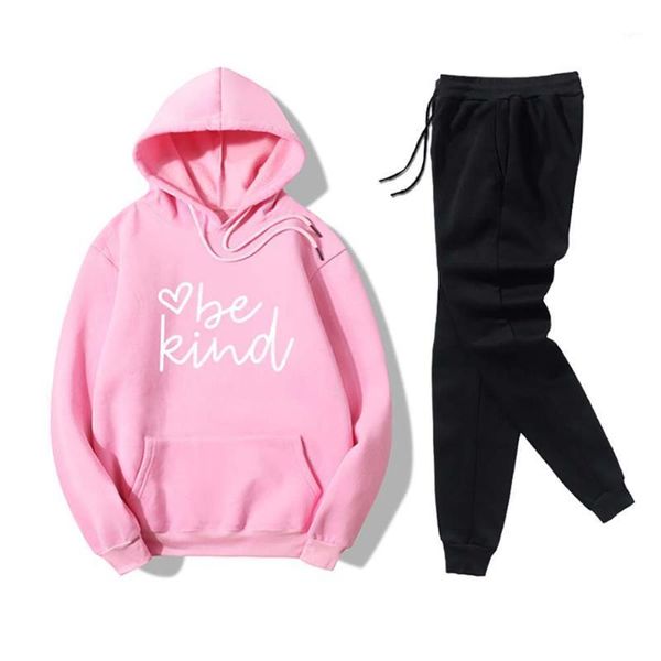 

letter be kind printing two piece set women sport set hooded pullovers long sleeve drawstring waist full pants tractsuit xxxl1, Gray