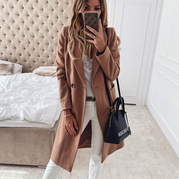 

2020 women long wool coat cotton pocket long sleeve solid color coat jacket winter autumn turn down collar female jackets1, Black