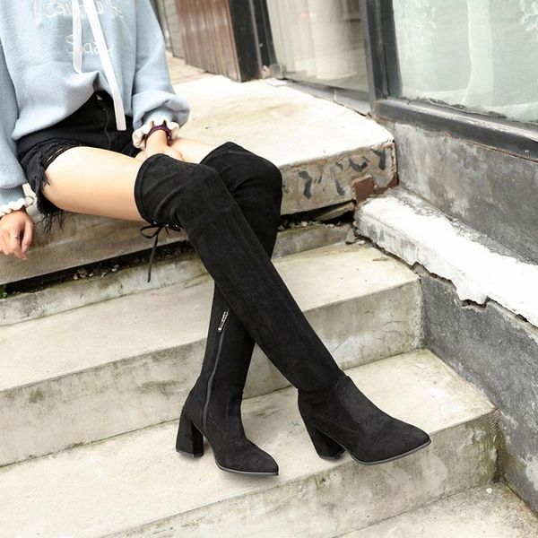 

2020 women flock knee high boots winter warm fur block 8cm high heels over the knee thigh boots party shoes bota feminina, Black
