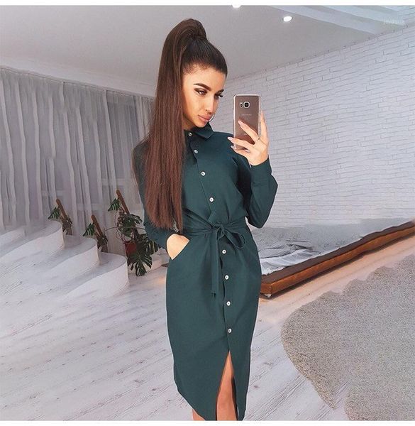 

fashion women's long sleeve dress buttons lace up pure color lapel dress spring and autumn women's a-line fresh and sweet1, Black;gray