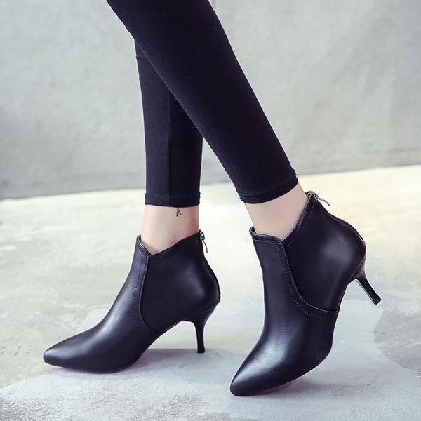

Solid Black Leather Boots Ankle Boots for Women Shoes Winter Pointed Toe Thin High Heels Zipper Sexy Ladies Shoes Woman