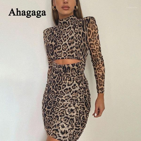 

ahagaga autumn leopard mini dress women fashion hollow out print long sleeve sheath bodycon high waist women dresses female robe1, Black;gray