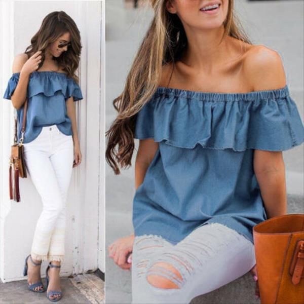 

hirigin 2019 женщины vintage плеча tops casual партии рубашка джинсовая хлопок блузка, White