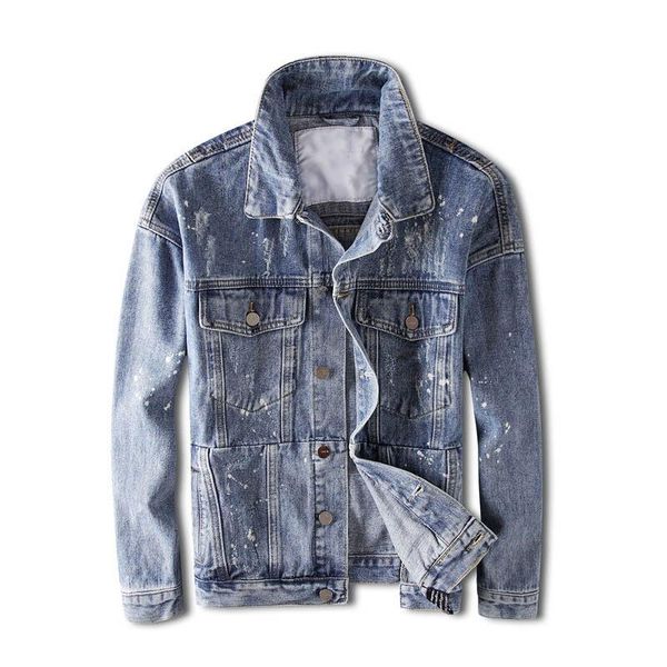 

vintage men's painted casual denim jackets ripped distressed jeans jackets outwear for male black size m-4xl, Black;brown