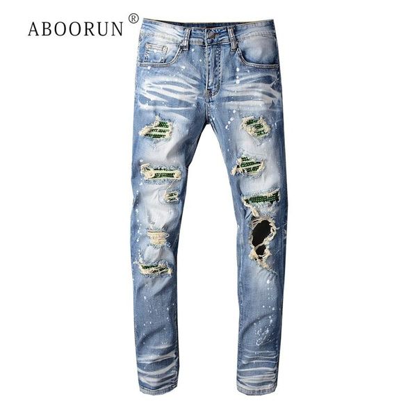 

men's rhinestone patchwork jeans distressed painted ripped slim fit cotton stretch denim pants kg-519, Blue