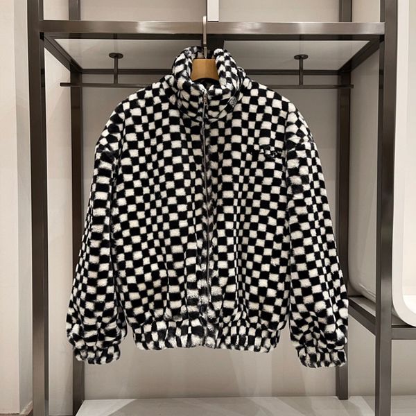 

winter new chessboard check lamb wool coat, Black;brown