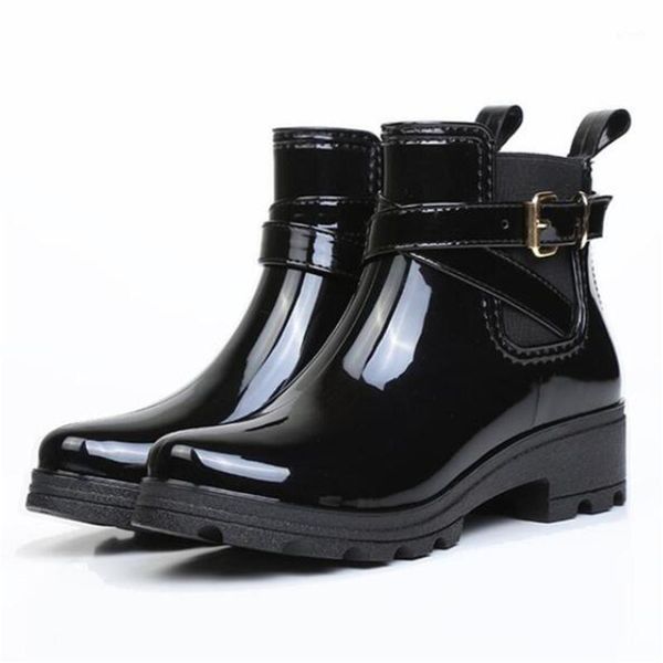 

rain boots new short tube shiny pvc water shoes ladies u-shaped rain boots with elastic rubber shoes zapatos de mujer1, Black