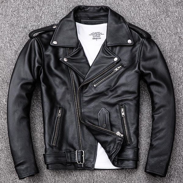 

2019 fashion genuine leather jacket men short slim fit lapel motorcycle clothing cowhideturn-down collar leather biker coat1, Black